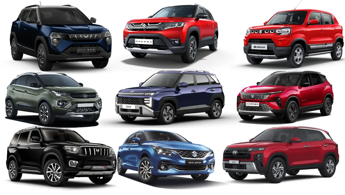 Maruti Leads CY2025 as Mahindra Beats Tata and Hyundai shown through popular SUVs and cars from Maruti, Mahindra, Tata Motors and Hyundai in India