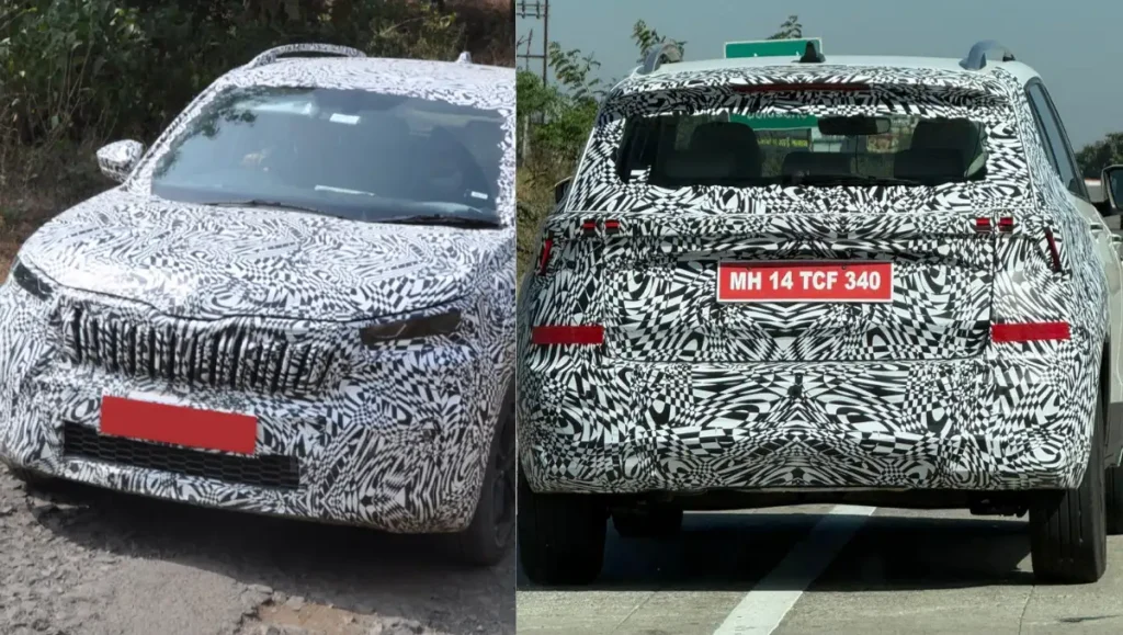 Skoda Kushaq Facelift Teased Ahead of January 2026 Launch seen in camouflaged front and rear spy shots during road testing in India