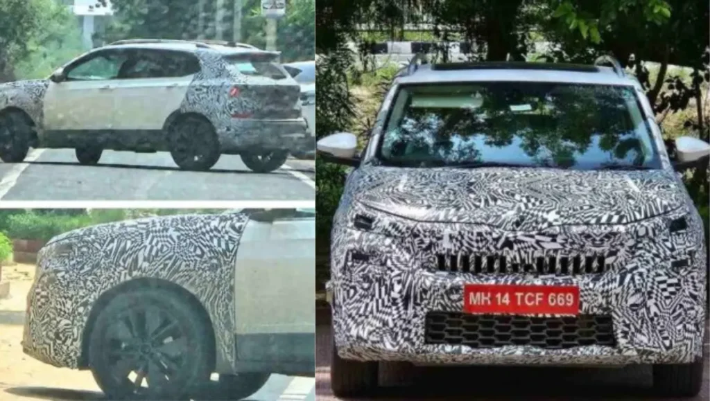 Skoda Kushaq Facelift Teased Ahead of January 2026 Launch captured from side and front angles during ongoing road tests