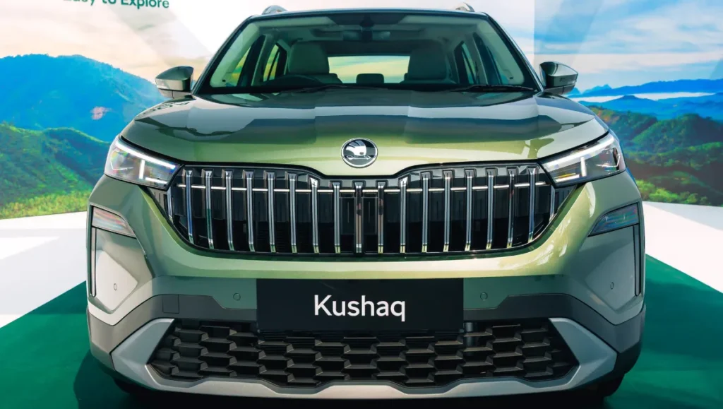 Skoda Kushaq Facelift Unveiled front view with redesigned grille, LED headlamps and sharper styling