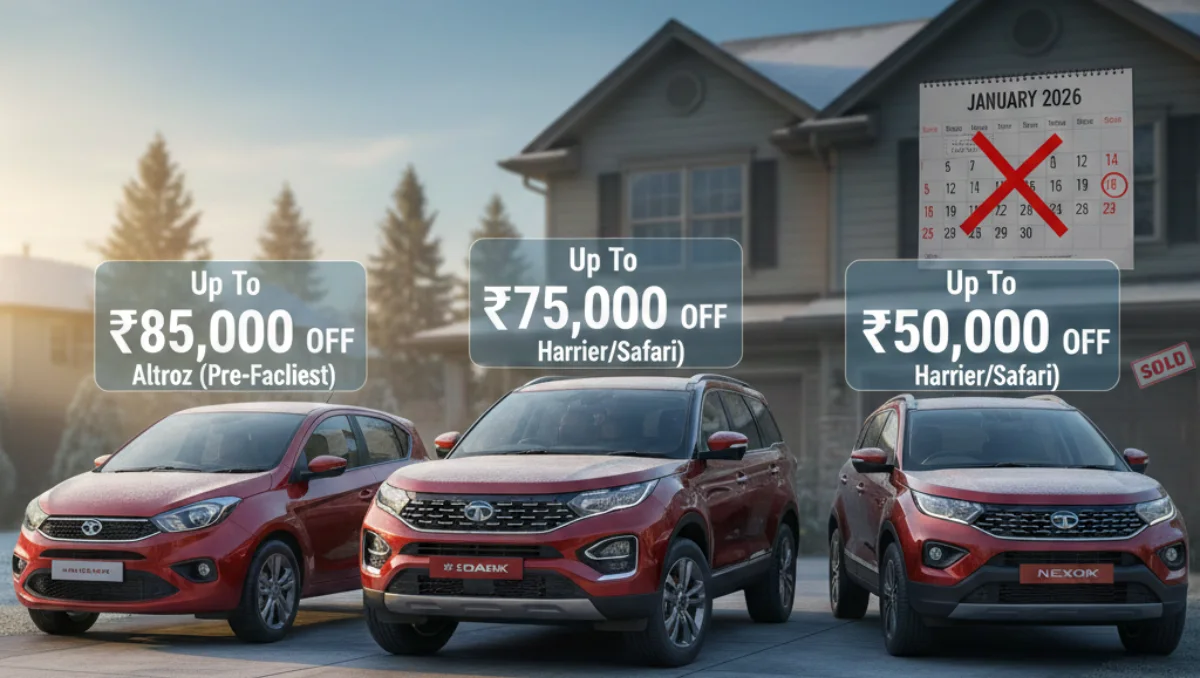 A row of red Tata cars parked in a driveway highlighting the Tata January 2026 Discounts Up To Rs 85k with promotional banners and a January calendar.