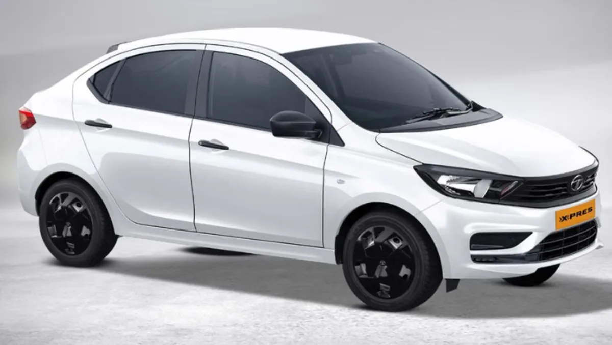 Tata Launches Fleet-Only XPres Petrol And CNG Variants showcased in white color with compact sedan design and black alloy wheels