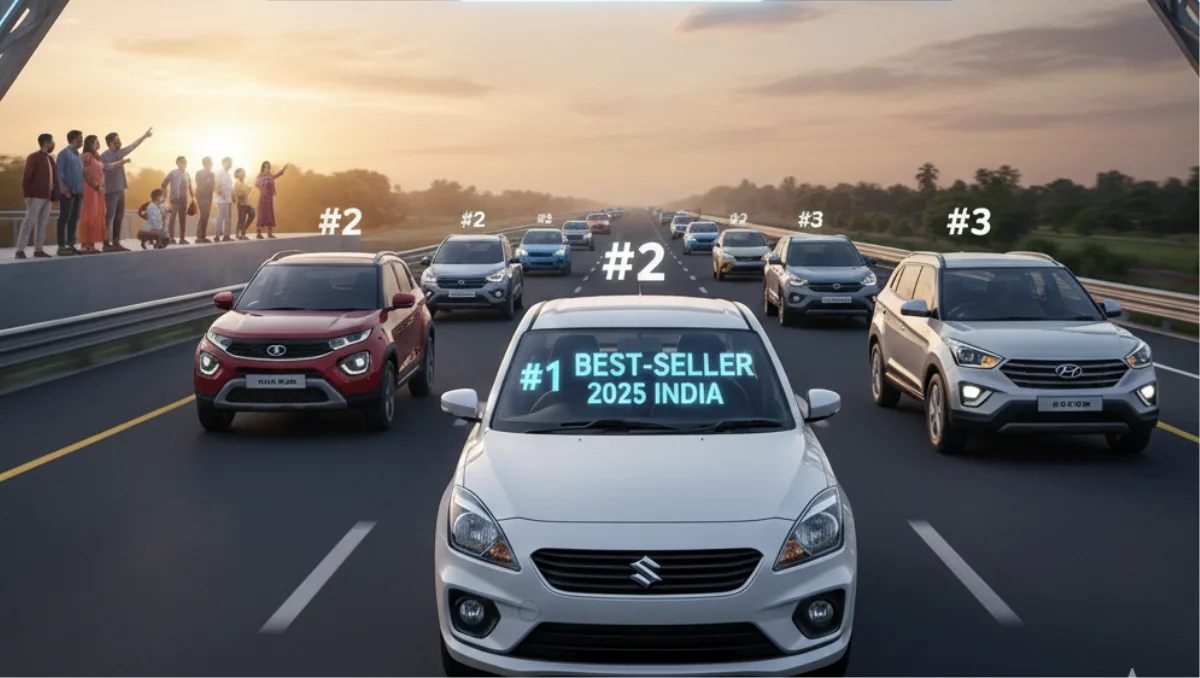 Top 10 Selling Cars in India 2025 ranking with Maruti Dzire, Hyundai Creta, and Tata Nexon on a highway.