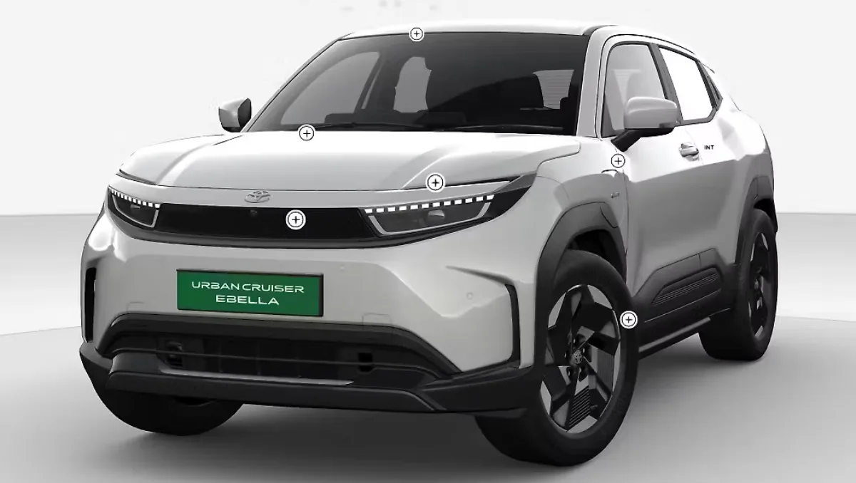 Toyota Urban Cruiser Ebella Base Variant Revealed front three quarter exterior design with LED headlamps and closed grille