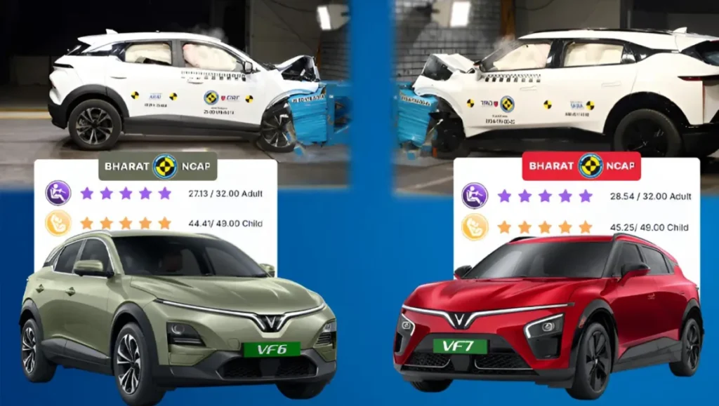 Vinfast VF6 and VF7 Secures 5-Star BNCAP Safety Rating shown during Bharat NCAP frontal crash test with adult and child protection scores