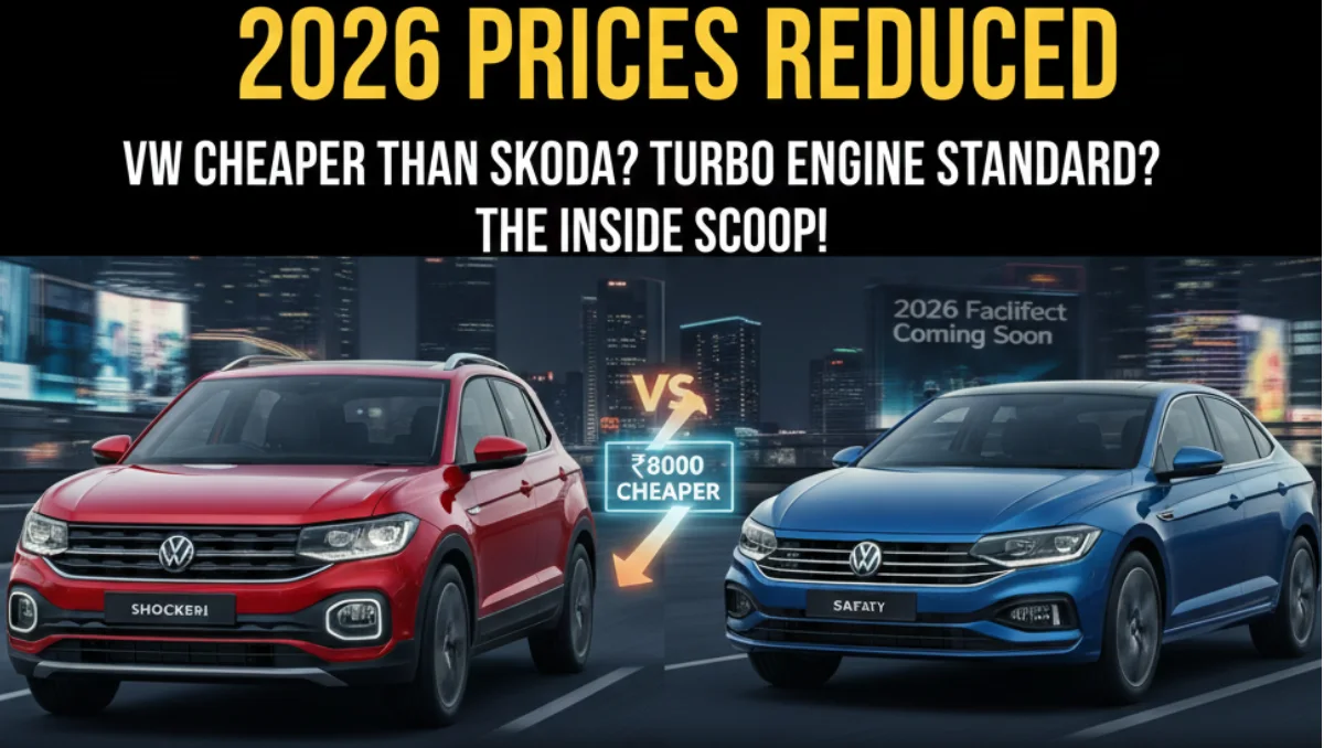 A side-by-side view of the red Volkswagen Taigun SUV and blue Virtus sedan on a highway, highlighting that Volkswagen Taigun and Virtus 2026 prices reduced for base models.