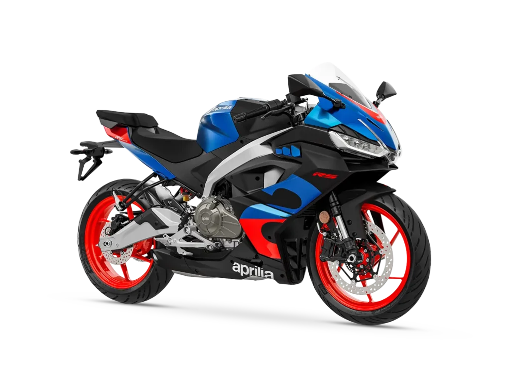 2026 Aprilia RS 457 Launched at ₹4.22 Lakh shown in blue and black livery with red alloy wheels in side profile