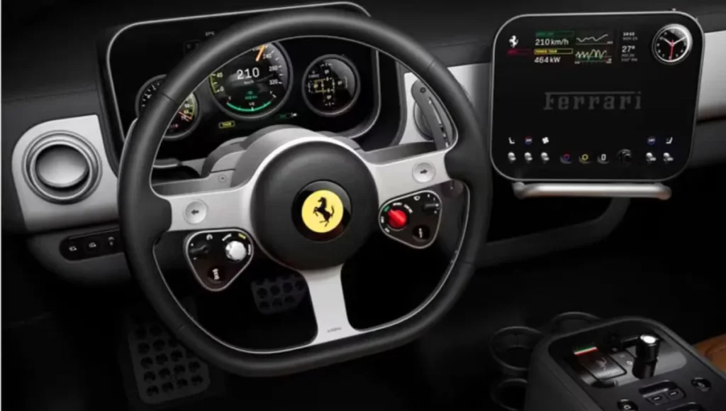 Ferrari Luce Interior Revealed steering wheel and digital cockpit with Ferrari badge and performance displays