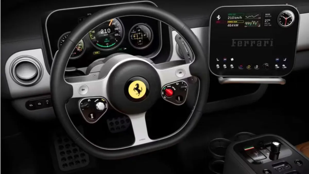 Ferrari Luce Interior Revealed steering wheel and digital cockpit with Ferrari badge and performance displays