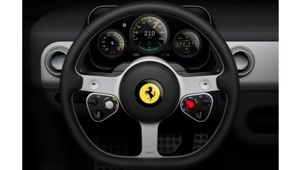 Ferrari Luce Interior Revealed front cabin view with steering wheel, symmetrical vents, and analog-style gauges