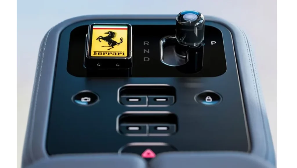 Ferrari Luce Interior Revealed center tunnel gear selector with Ferrari logo and premium control layout