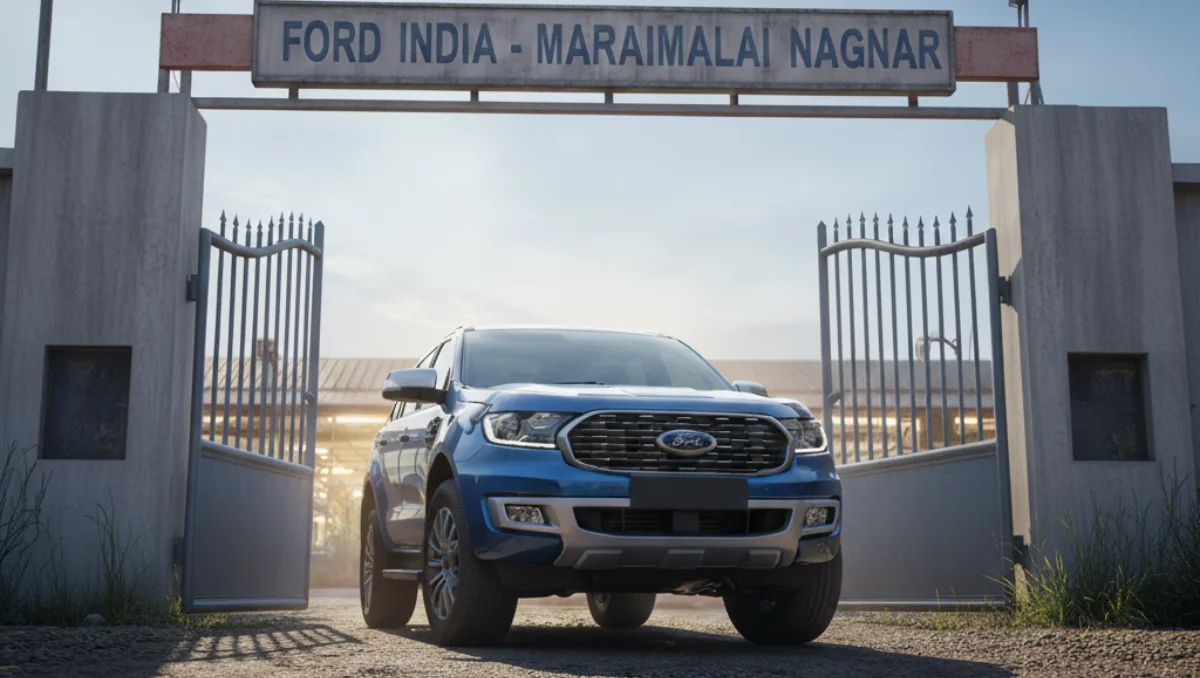 Chennai Plant to Restart in June 2026 as a Ford vehicle exits the Ford India Maraimalai Nagar manufacturing facility