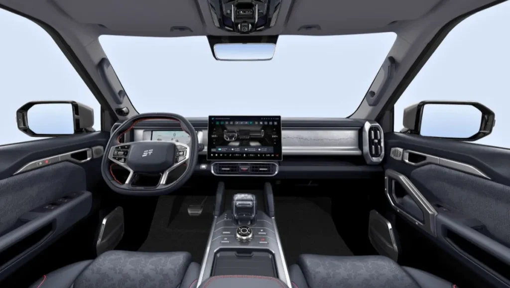 JSW Motors Teases Rugged Jetour T2 SUV interior dashboard layout with large touchscreen infotainment system