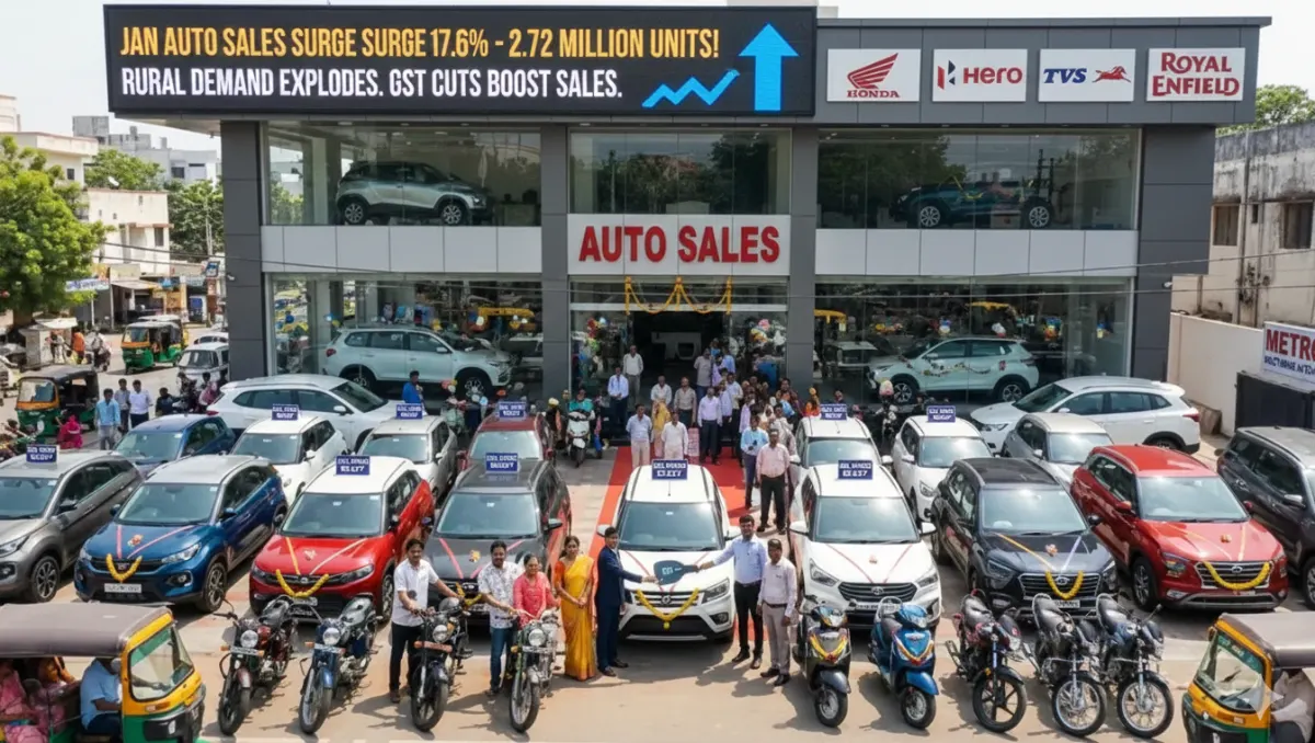 Jan Auto Sales Surge 17.6% shown at a busy Indian auto dealership with new cars, bikes, and customers during January sales boom
