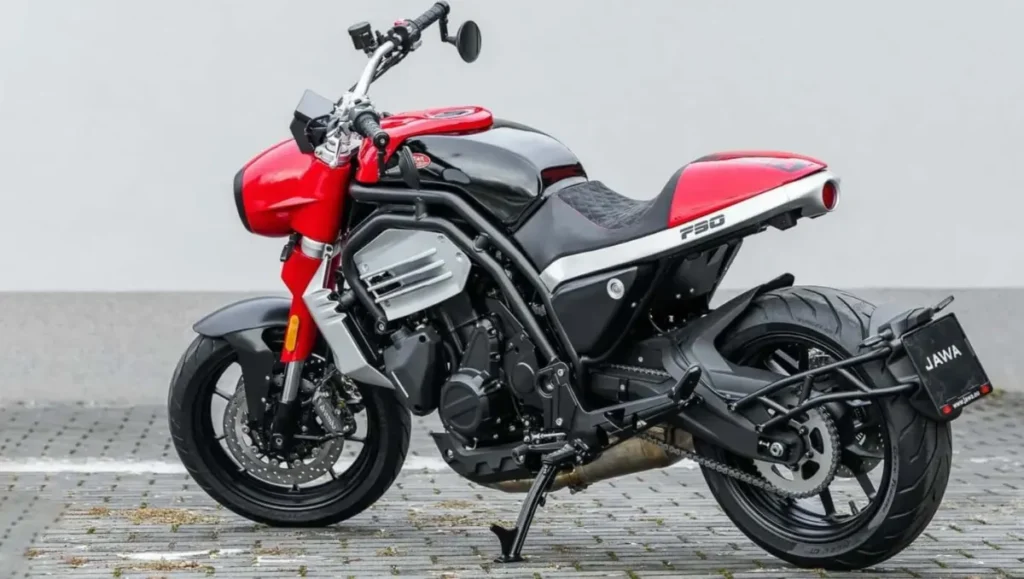 Jawa 730 Twin Finally Revealed in rear three quarter view highlighting twin exhaust layout and short tail design