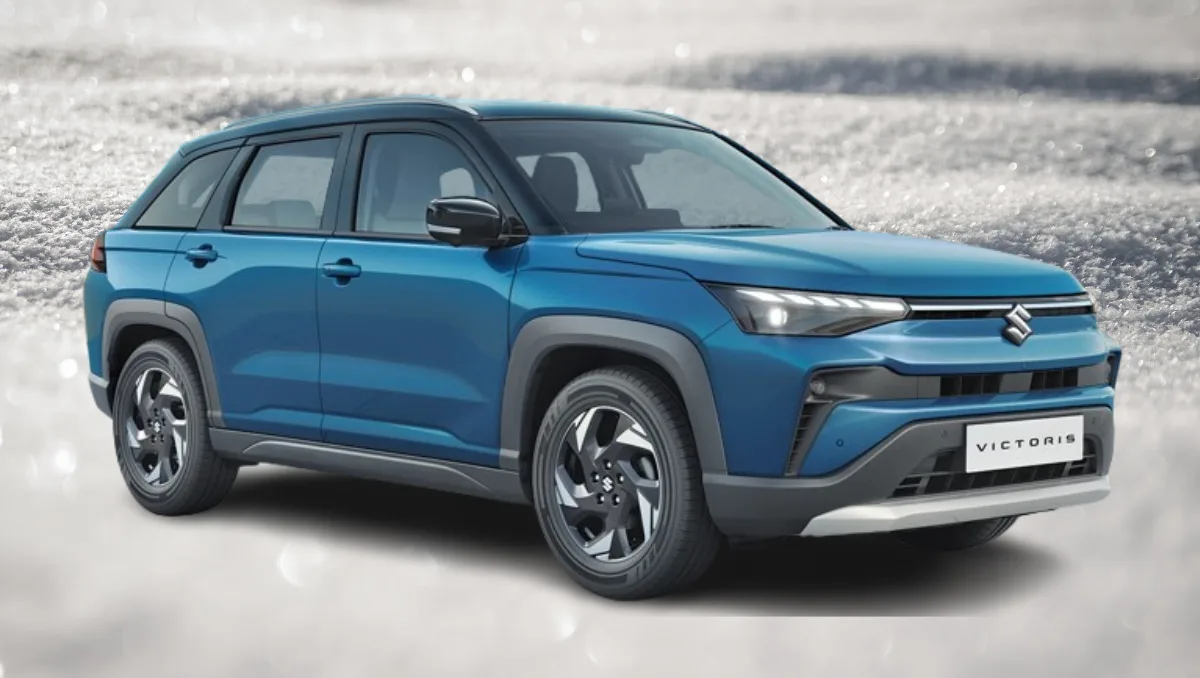 Maruti Victoris February Price Drop revealed on blue SUV model with modern LED headlamps and bold front grille