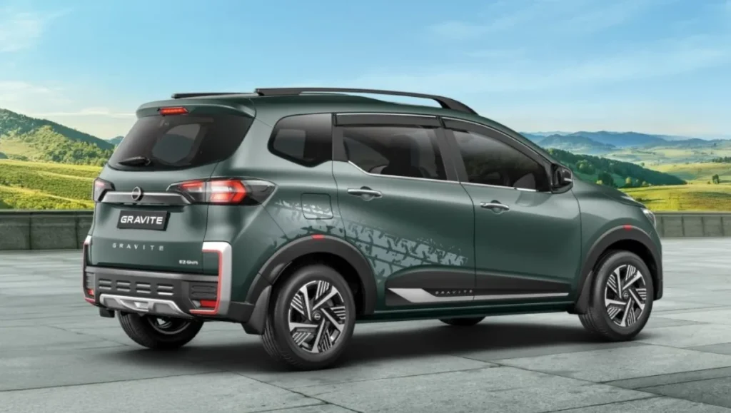 Nissan Gravite MPV Launched in India rear three quarter view in green color with sporty design