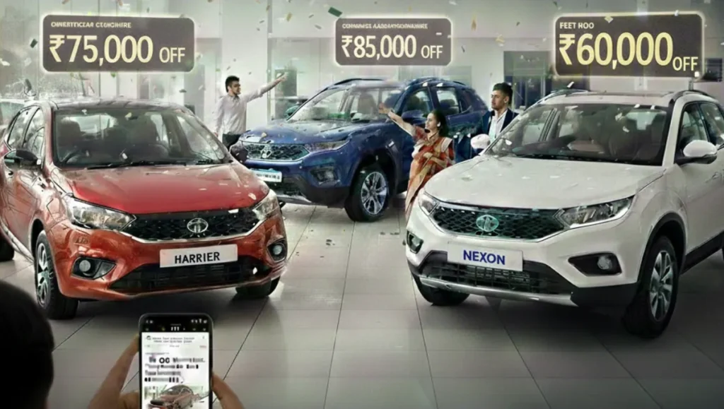 Tata Car Discounts Feb 2026 displayed on Nexon and Harrier SUVs with Altroz positioned in the middle at dealership showroom