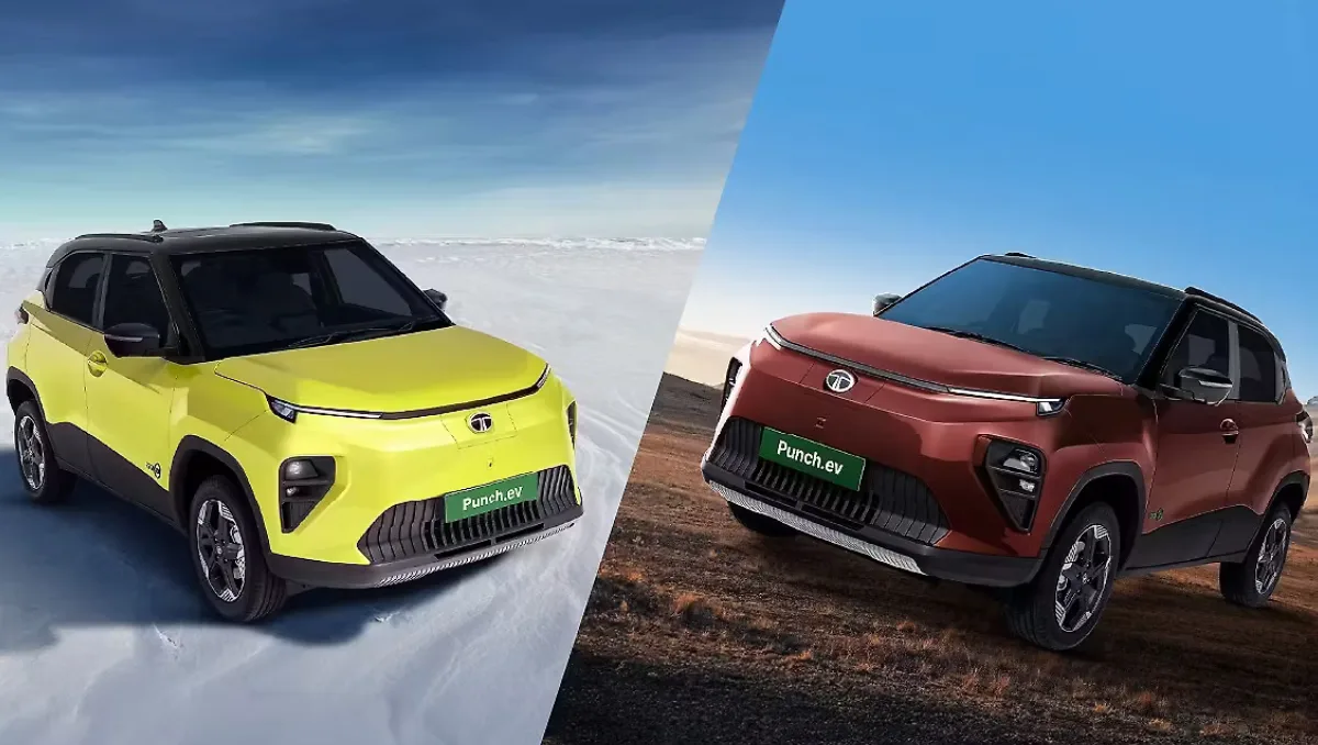 Tata Punch EV Facelift in dual tone new colour options showcased in split background comparison