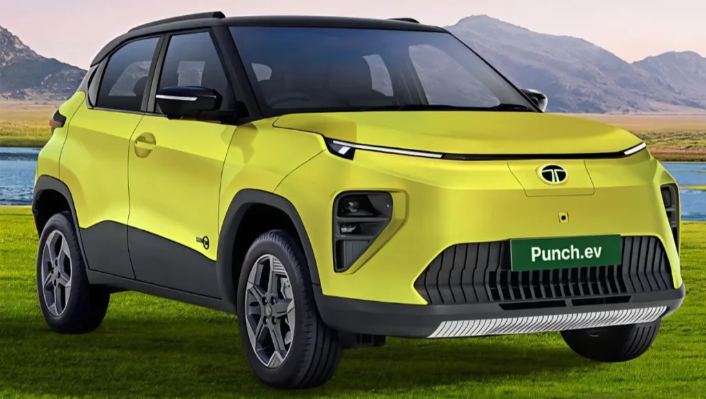 Tata Punch EV Facelift front three quarter view in bright yellow shade