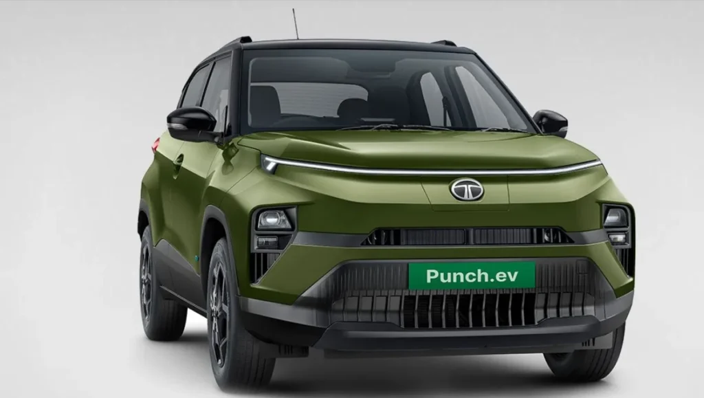 Tata Punch.ev Facelift Launching Feb 20 shown in studio front view with green exterior and EV styling