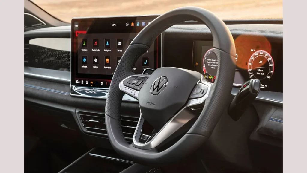 VW Tayron R-Line Bookings Open revealing digital cockpit, touchscreen infotainment, and premium steering wheel
