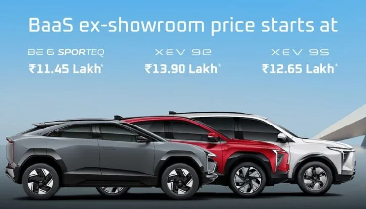Mahindra EV Range Gets BaaS: Starts At ₹11.45 Lakh - Official BaaS pricing banner for BE 6 Sporteq, XEV 9e, and XEV 9S
