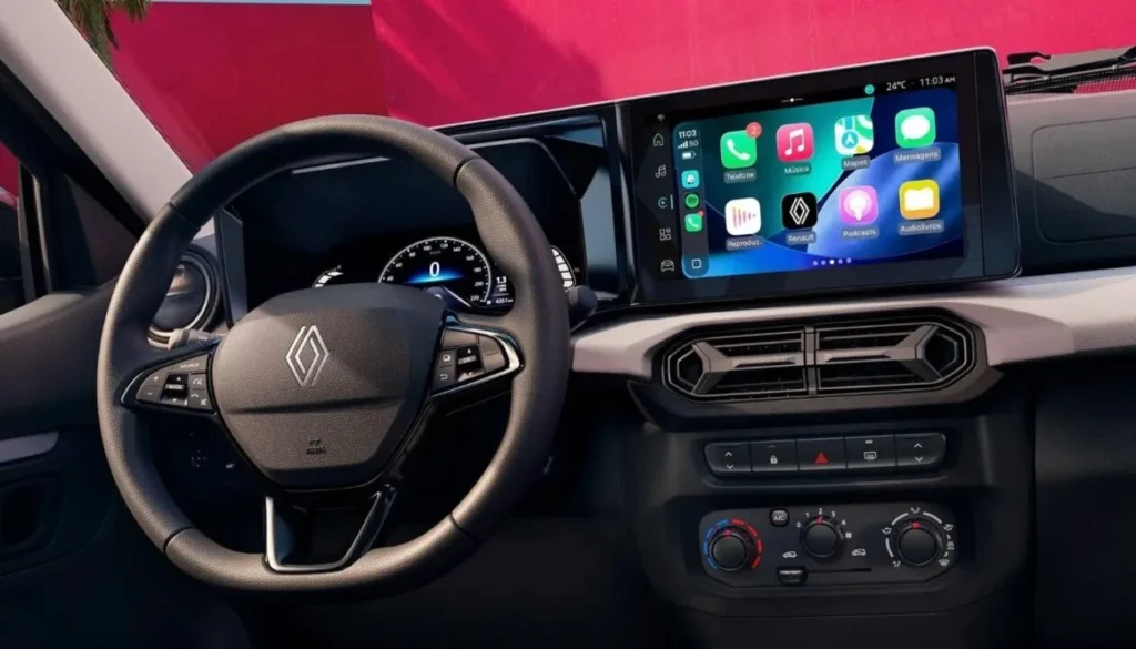 Renault Kwid Facelift debuts interior dashboard featuring a large 10.1-inch floating touchscreen display, digital instrument cluster, and new steering wheel.
