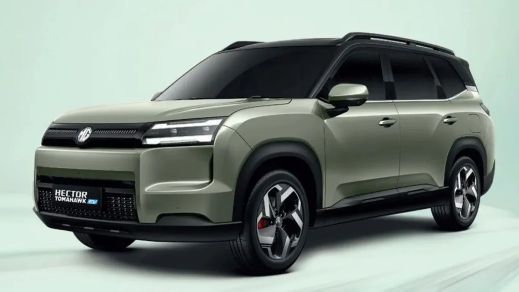 Front three-quarter profile of the newly MG Hector Tomahawk EV Launched in Sage Green