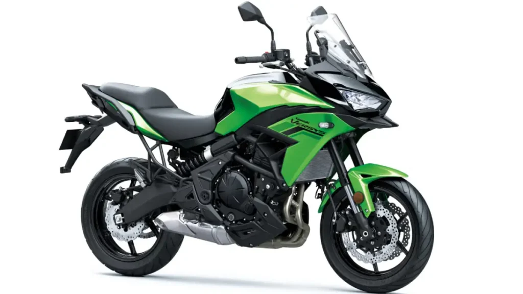 Studio profile shot of the Candy Lime Green bike following the 2027 Kawasaki Versys 650 launch in India.