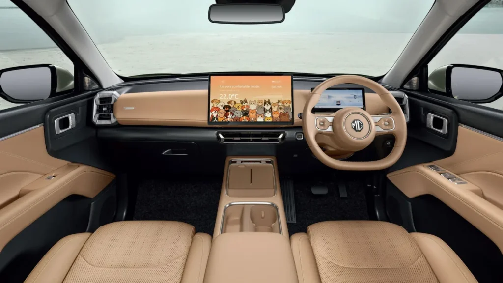 Dual-tone beige interior dashboard with large central touchscreen in the MG Hector Tomahawk EV Launched
